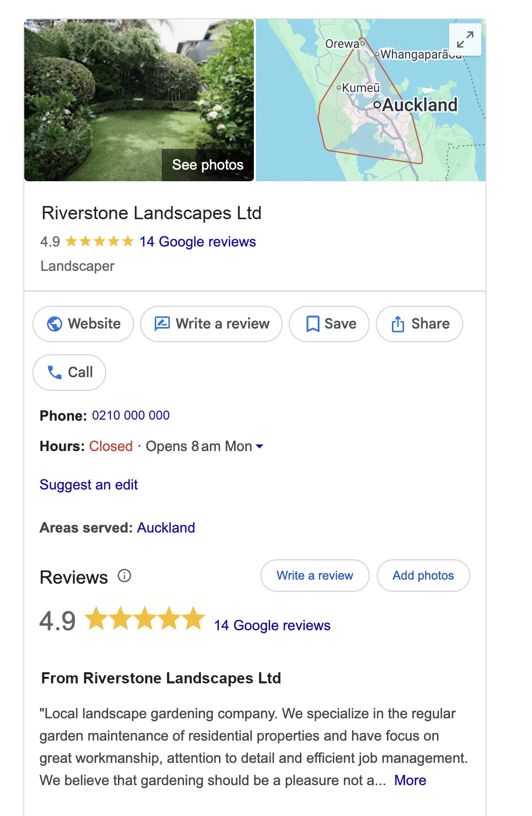 A Google Business Profile shown beside search results: photo, map, business name, a 4.9 star rating from 14 reviews, Website, Call and Directions buttons, phone number, opening hours and the area served.