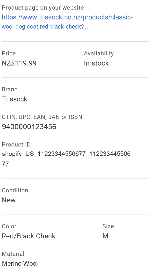 The attribute panel for a single product in Merchant Center, listing the product page URL, price $119.99, availability in stock, brand, barcode, product ID, condition new, colour, size and material.